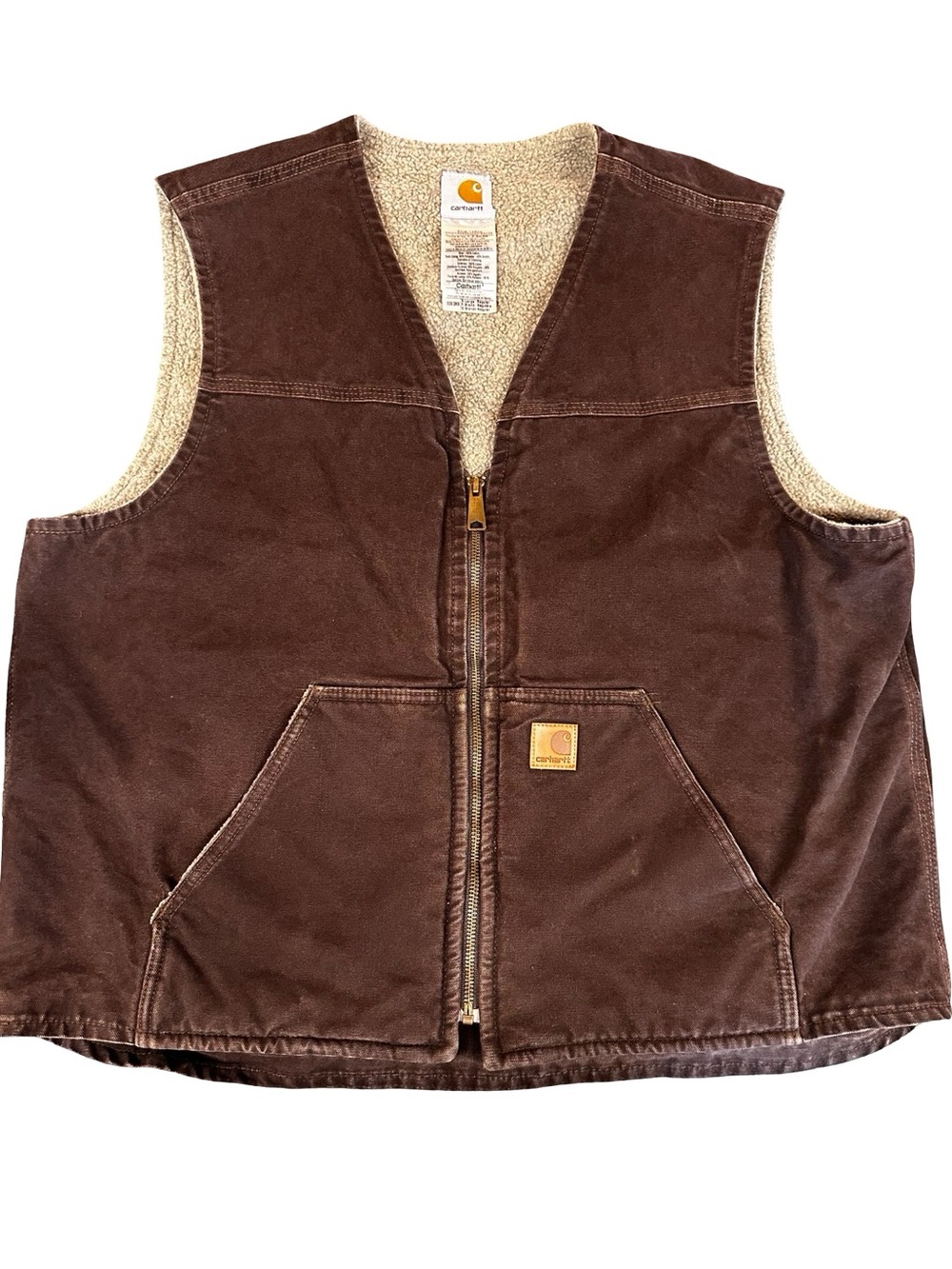 VTG Carhartt Sandstone Rugged Duck Sherpa Lined Vest Size XL Brown Outdoor